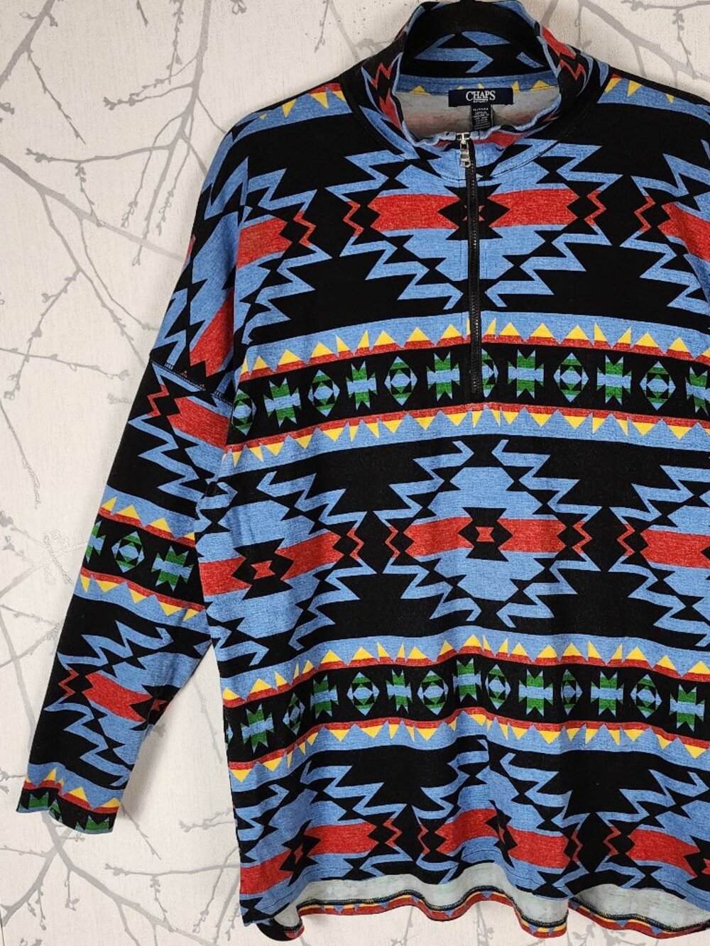 Chaps Colorful Aztec Cotton Jersey Half Zip Mockneck Shirt